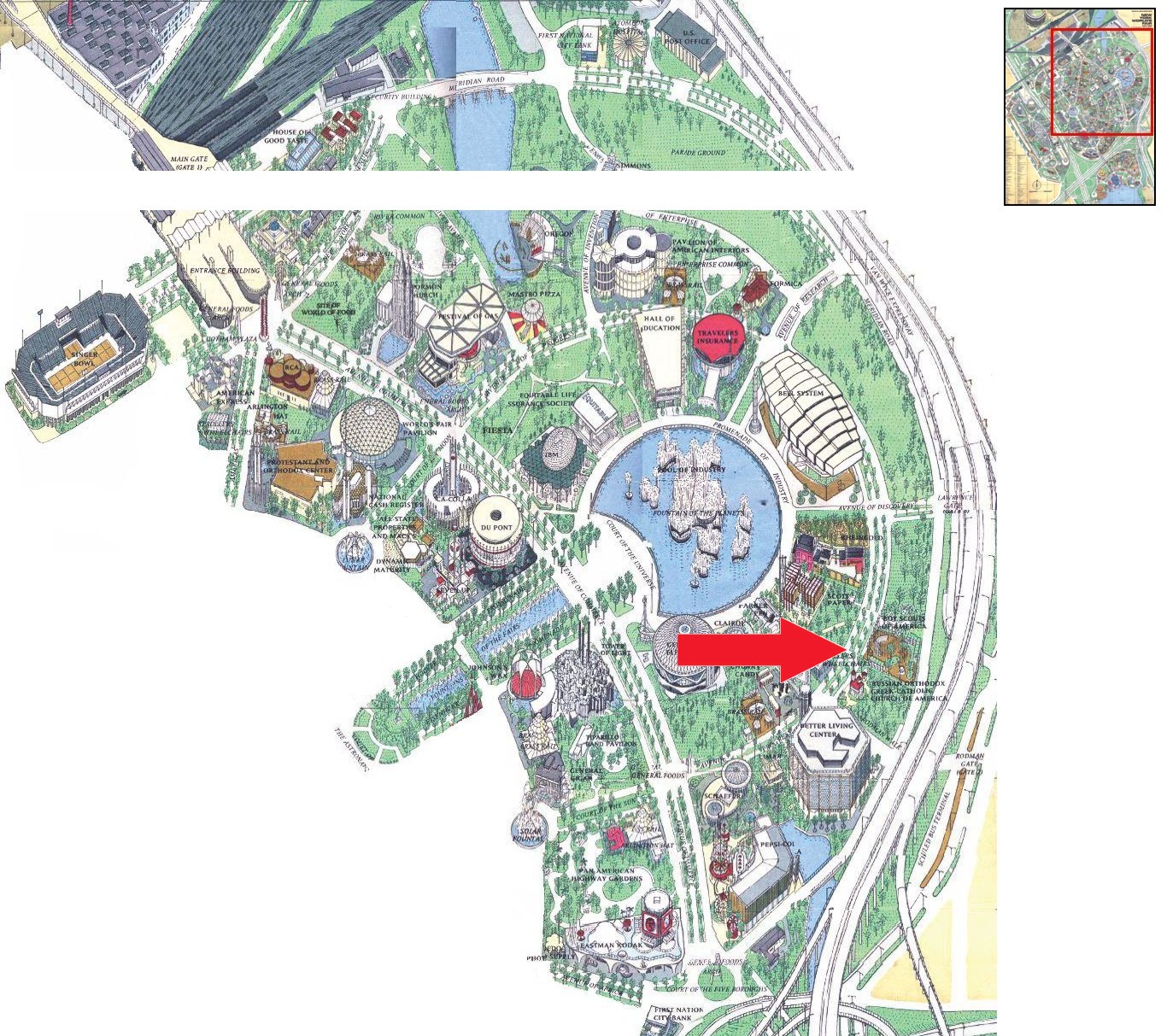 Russian Orthodox Greek-Catholic Church of America location on the Industrial Area of the 1964 Official Souvenir Map, with a red arrow pointing to the pavilion