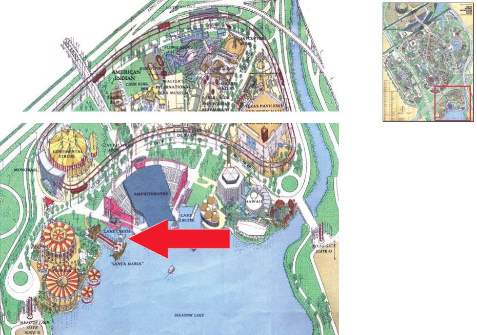 Santa Maria location on the Amusement Area of the 1964 Official Souvenir Map, with a red arrow pointing to the Santa Maria pavilion