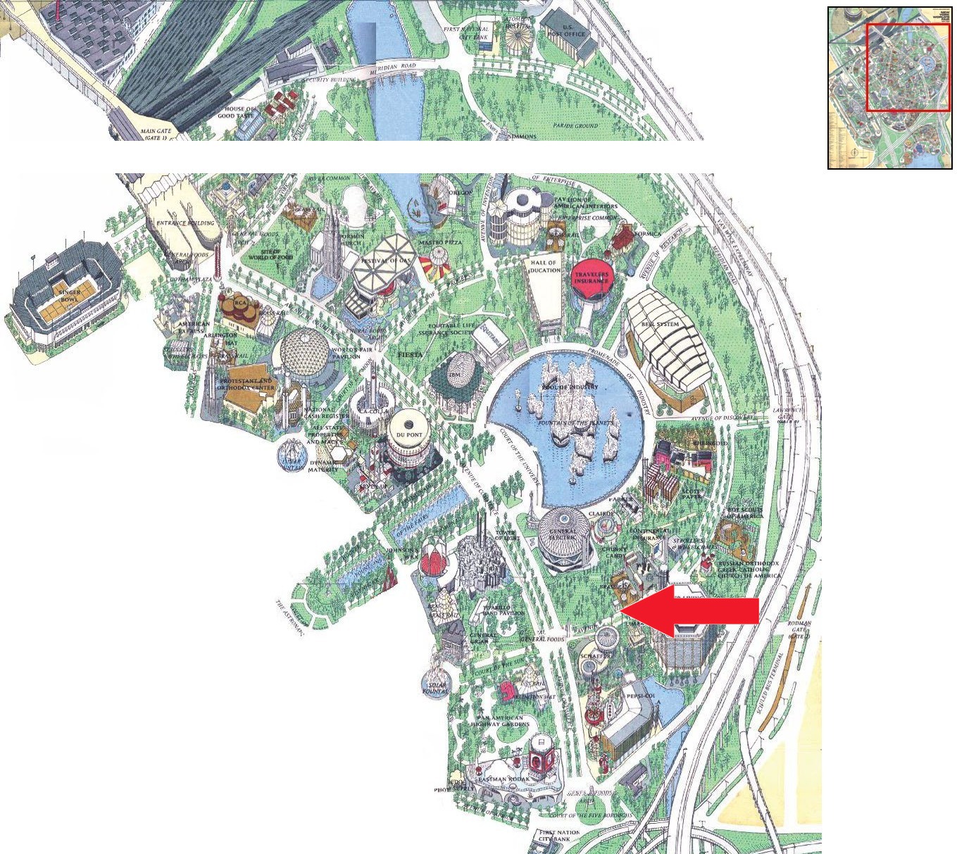 Schaefer Center location on the Industrial Area of the 1964 Official Souvenir Map, with a red arrow pointing to the Schaefer Center