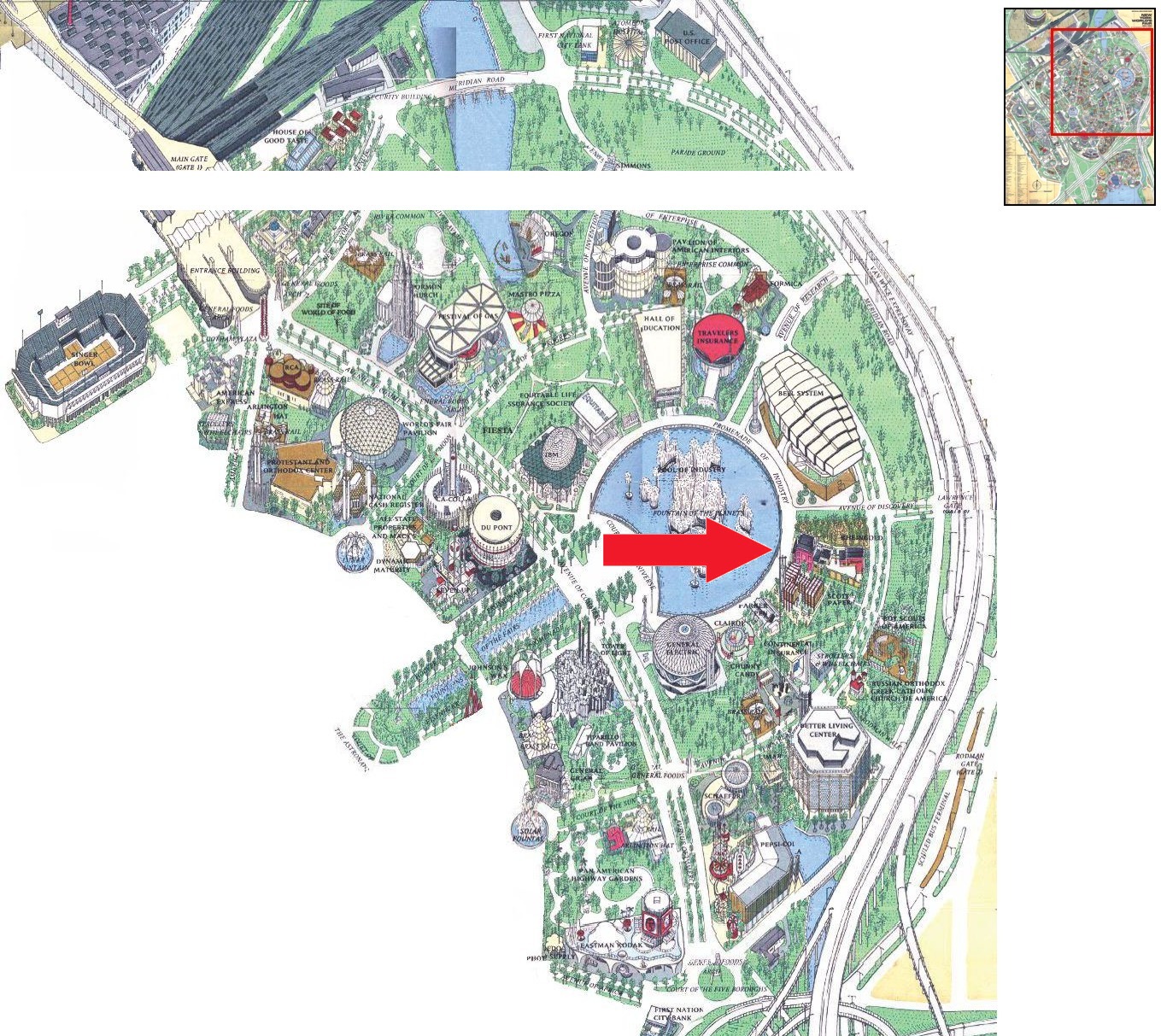 Scott Paper location on the Industrial Area of the 1964 Official Souvenir Map, with a red arrow pointing to the Scott Paper pavilion