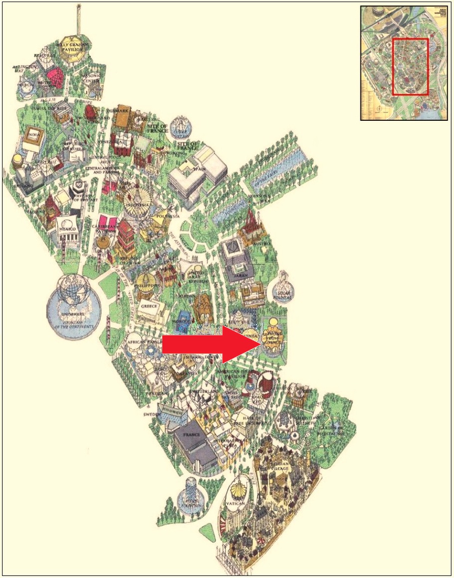 Sermons from Science location on the International Area of the 1964 Official Souvenir Map, with a red arrow pointing to the Sermons from Science pavilion