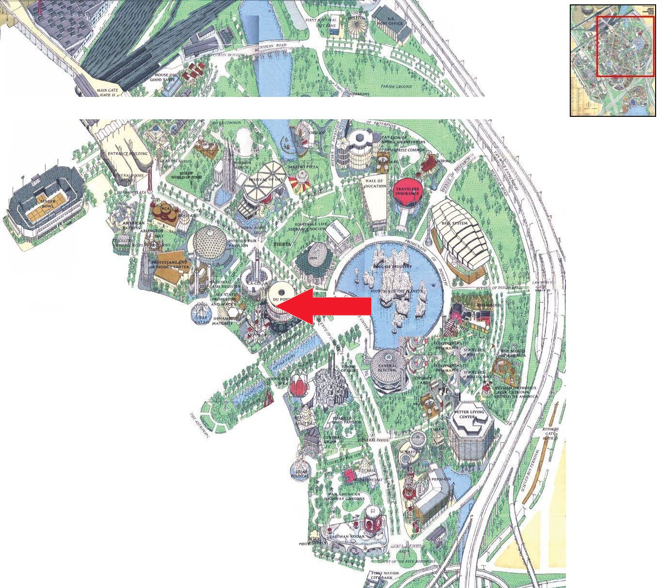 Seven-Up location on the Industrial Area of the 1964 Official Souvenir Map, with a red arrow pointing to the Seven-Up pavilion