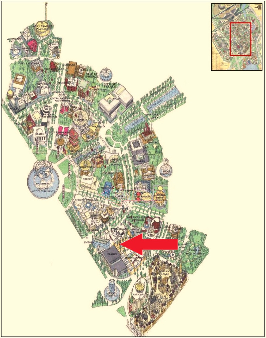 Sierra Leone pavilion location on the International Area of the 1964 Official Souvenir Map, with a red arrow pointing to Sierra Leone