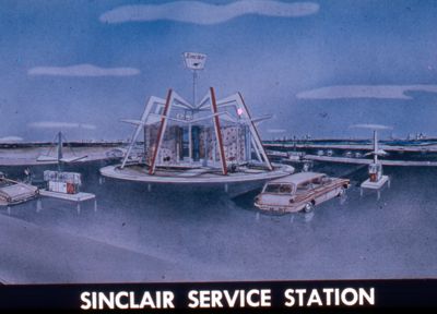 Artist's rendering of a World's Fair Sinclair Service Station