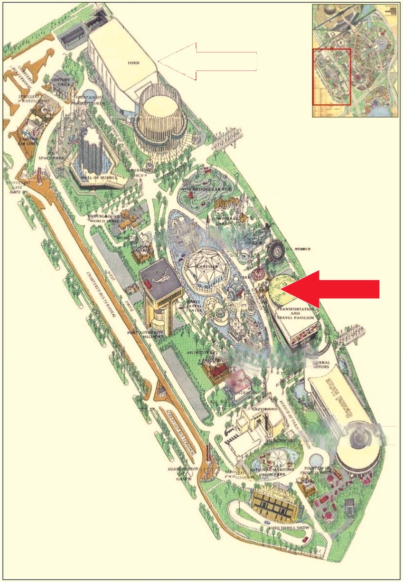 Sinclair Dinoland location on the Transportation Area of the 1964 Official Souvenir Map, with a red arrow pointing to Sinclair