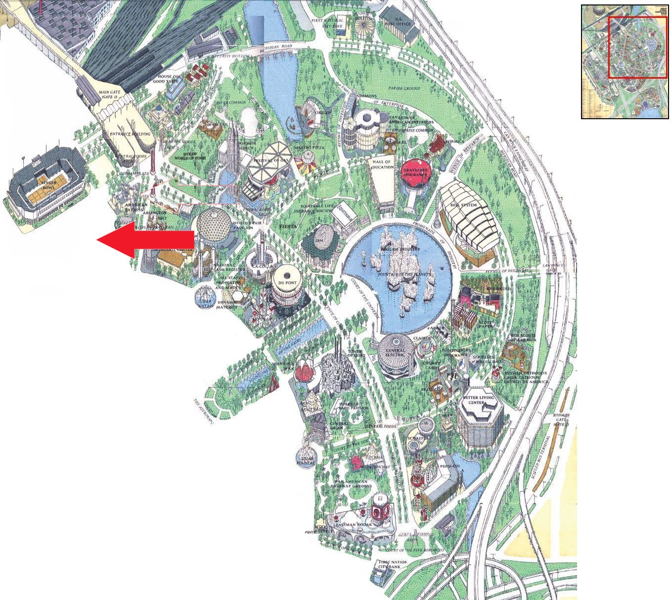 Singer Bowl location on the Industrial Area of the 1964 Official Souvenir Map, with a red arrow pointing to the Singer Bowl