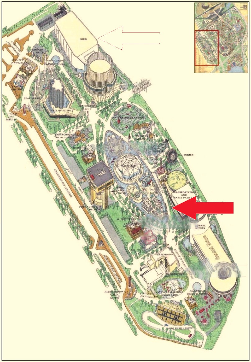 SKF pavilion location on the Transportation Area of the 1964 Official Souvenir Map, with a red arrow pointing to SKF