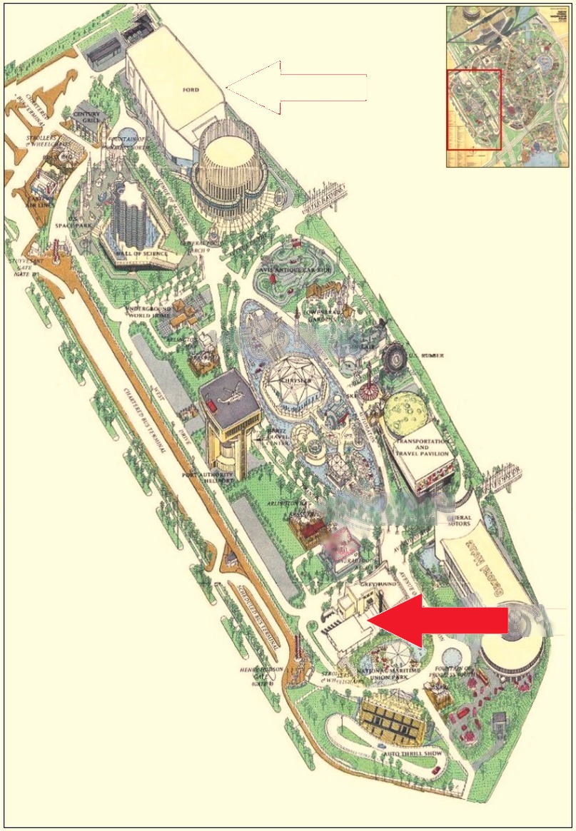 Socony Mobil pavilion location on the Transportation Area of the 1964 Official Souvenir Map, with a red arrow pointing to Socony Mobil