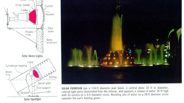 Solar Fountain construction and detail panels from Electrical Construction and Maintenance, July 1964
