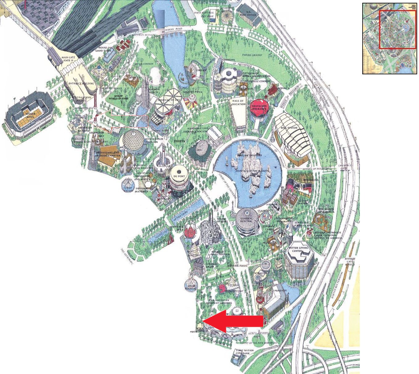 Solar Fountain location on the Industrial Area of the 1964 Official Souvenir Map, with a red arrow pointing to the Solar Fountain