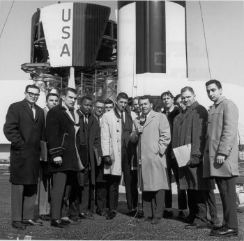 NASA astronaut Elliott See with group of prospective Space Park Hosts. [Astronaut See would die tragically in a plane crash before he could travel into space.]