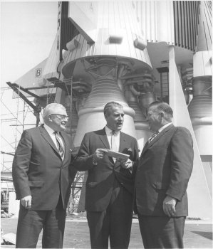 Dr. Wernher Van Braun along with two unidentified NY World's Fair officials. Dr. Von Braun was director of NASA's Marshall Space Flight Center and is the "father" of the Saturn V rocket.