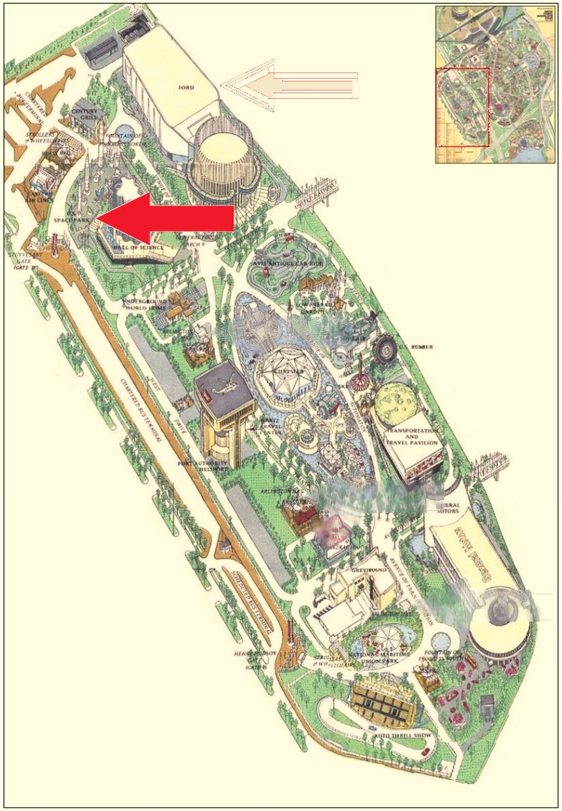 U.S. Space Park location on the Transportation Area of the 1964 Official Souvenir Map, with a red arrow pointing to Space Park