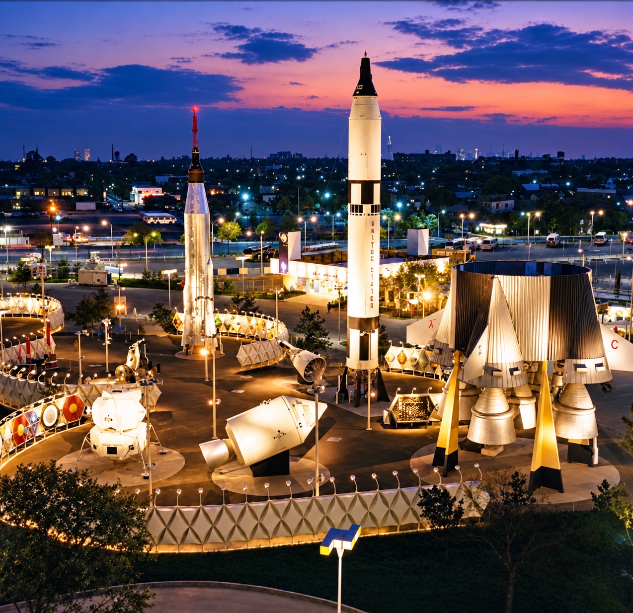 Space Park — rockets and spacecraft on display at dusk