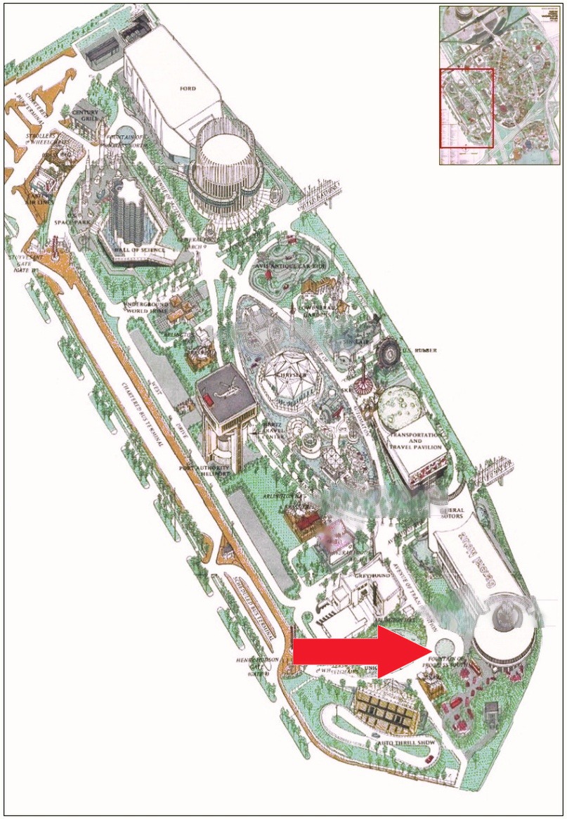 Fountain of Progress South location on the Transportation Area of the 1964 Official Souvenir Map, with a red arrow pointing to the fountain