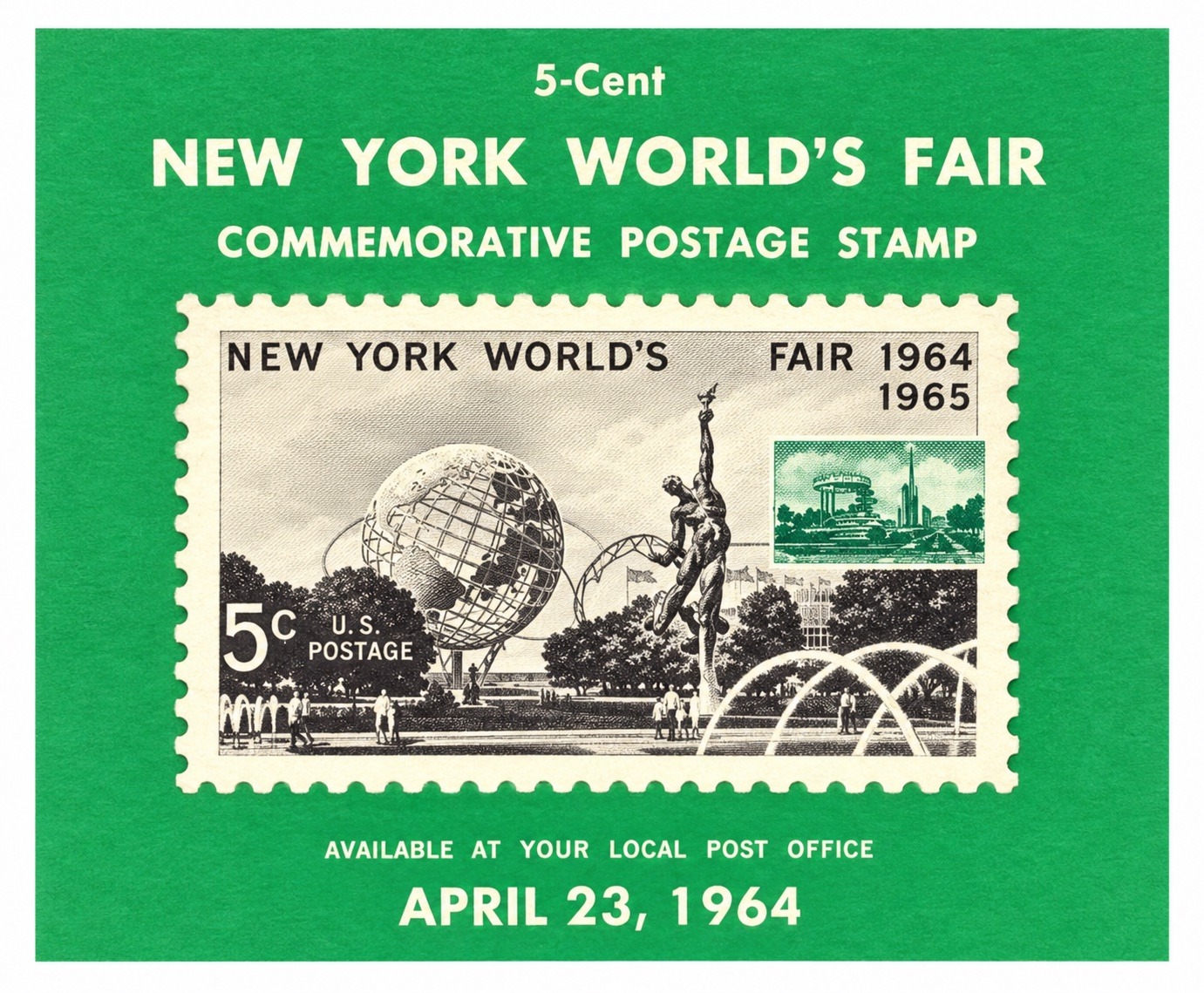 5-Cent New York World’s Fair commemorative postage stamp — available April 23, 1964