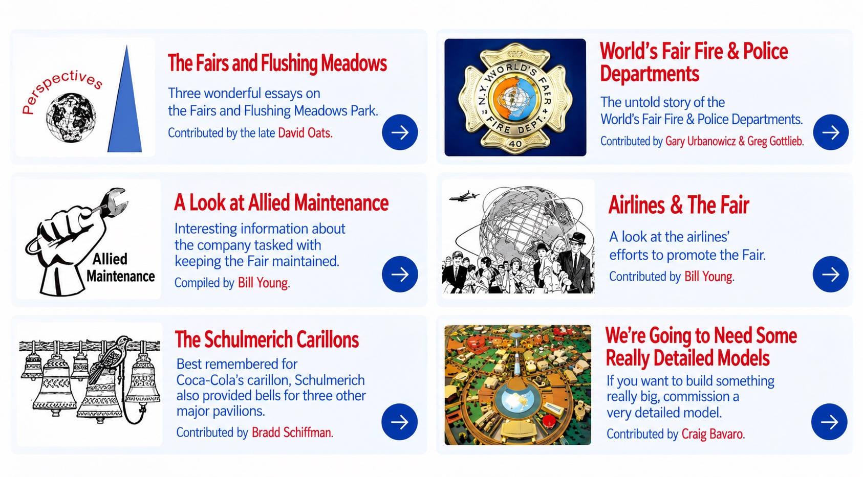 Stories & Essays: Fairs and Flushing Meadows; Fire & Police; Allied Maintenance; Airlines; Schulmerich Carillons; Detailed Models