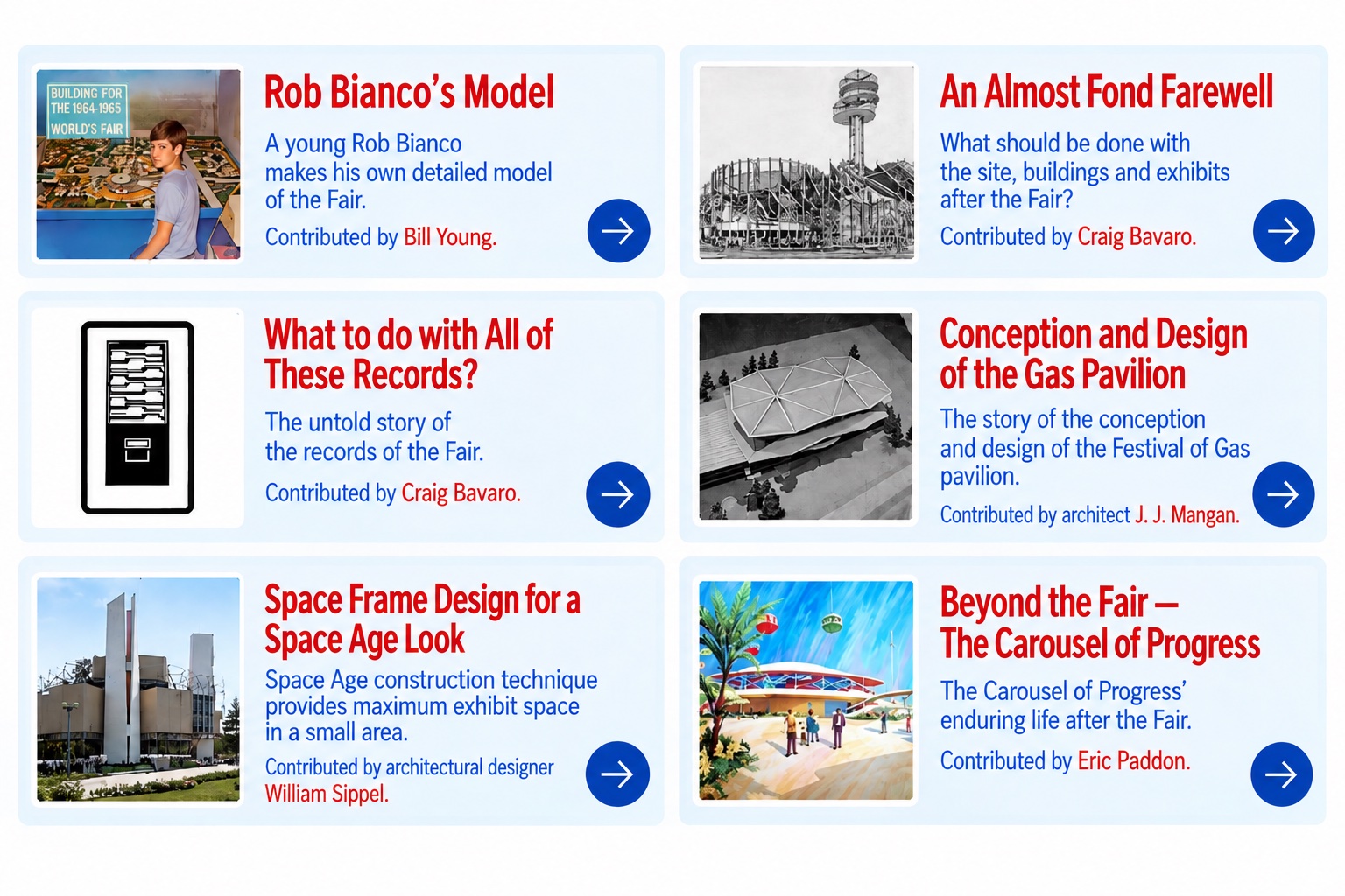 Stories & Essays: Rob Bianco’s Model; Almost Fond Farewell; Records; Gas Pavilion; Space Frame; Carousel of Progress