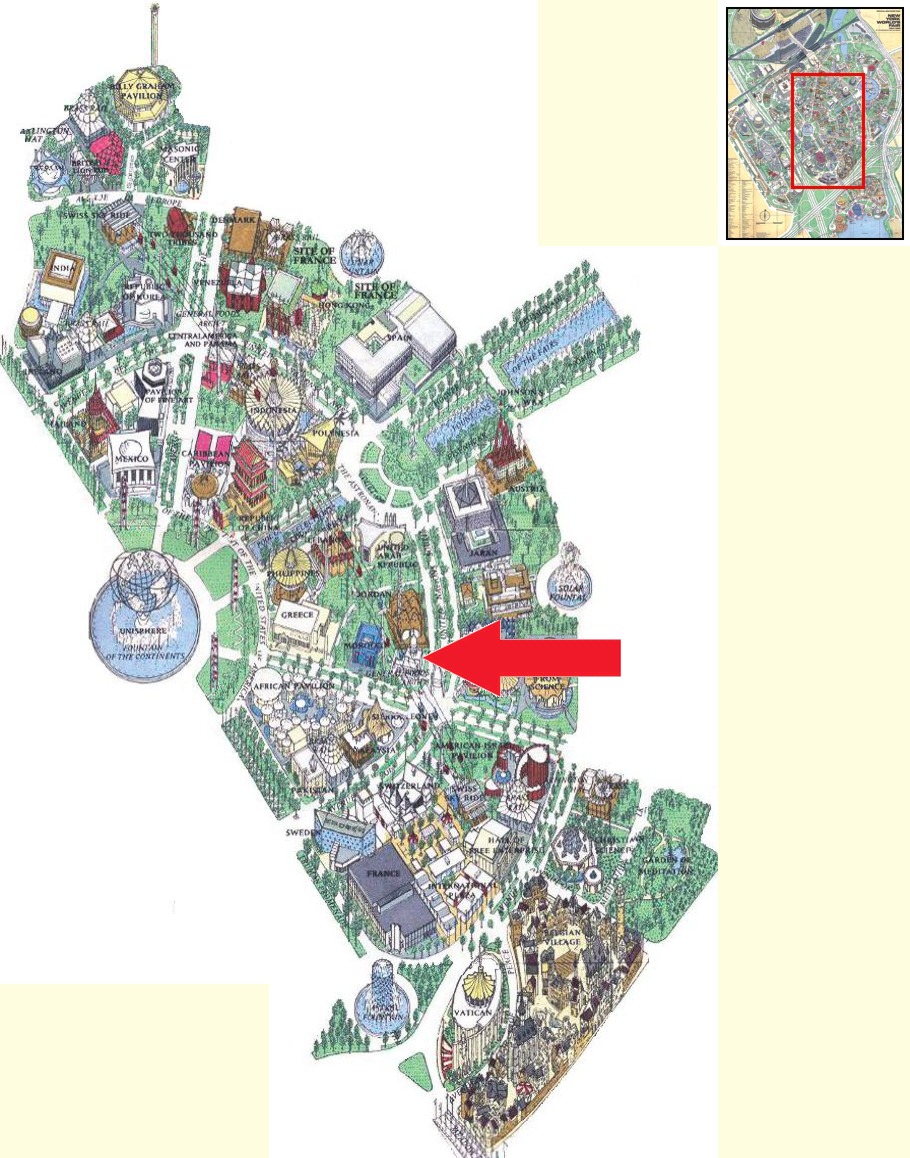 Sudan pavilion location on the International Area of the 1964 Official Souvenir Map, with a red arrow pointing to Sudan