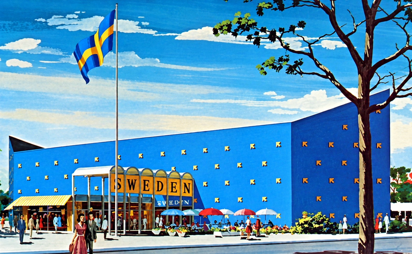 Sweden Pavilion — blue facade with crown motifs and plaza