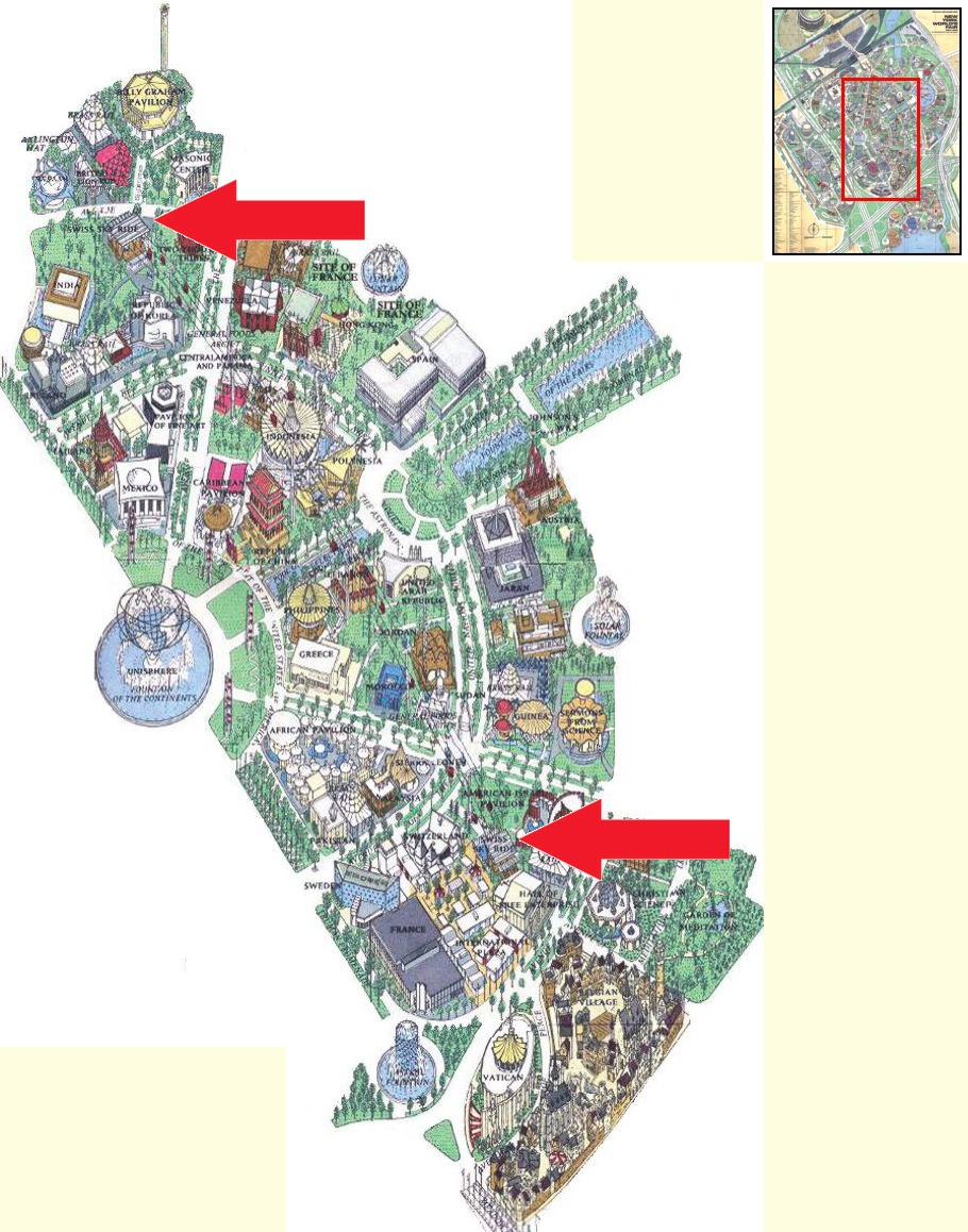 Swiss Sky Ride route on the International Area of the 1964 Official Souvenir Map, with a red overlay marking the cable ride