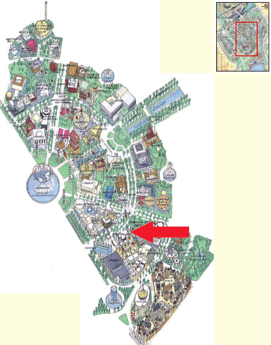 Switzerland pavilion location on the International Area of the 1964 Official Souvenir Map, with a red arrow pointing to Switzerland