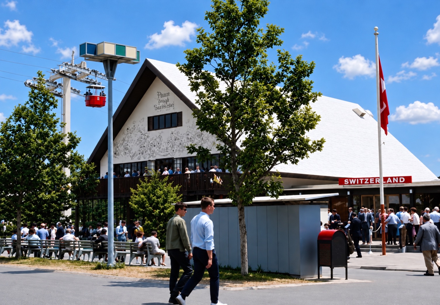 Switzerland Pavilion — Alpine chalet and Swiss flag