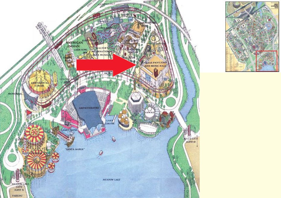 Texas Pavilions & Music Hall location on the Amusement Area of the 1964 Official Souvenir Map, with a red arrow pointing to Texas Pavilions & Music Hall