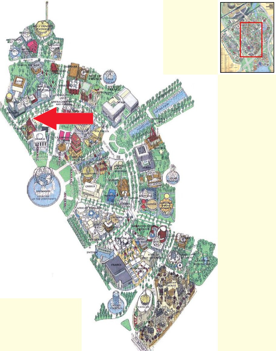 Thailand pavilion location on the International Area of the 1964 Official Souvenir Map, with a red arrow pointing to Thailand