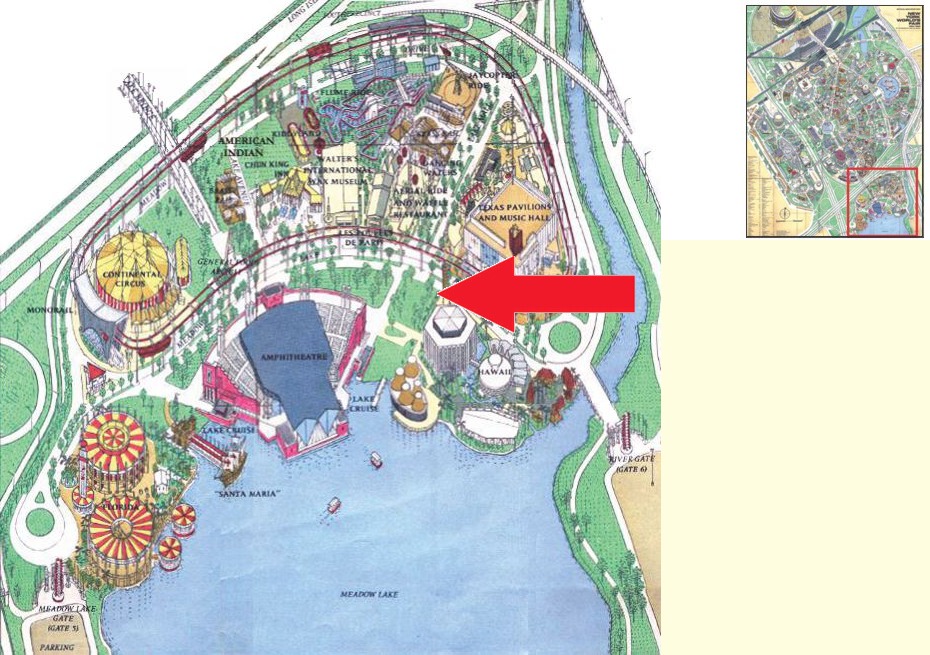 Thrill Rides location on the Amusement Area of the 1964 Official Souvenir Map, with a red arrow pointing to Thrill Rides