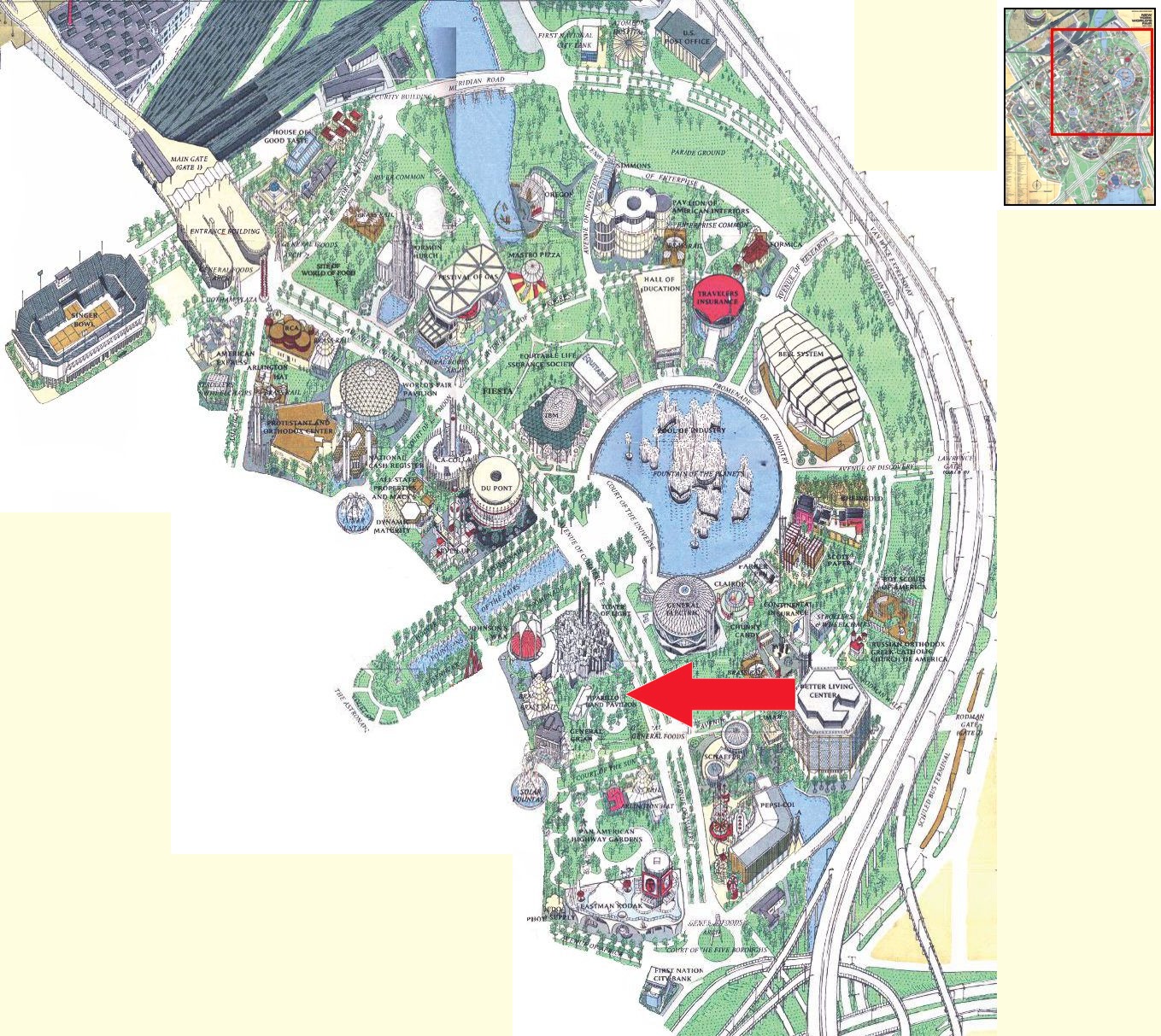 Tiparillo Band Pavilion location on the Industrial Area of the 1964 Official Souvenir Map, with a red arrow pointing to the pavilion