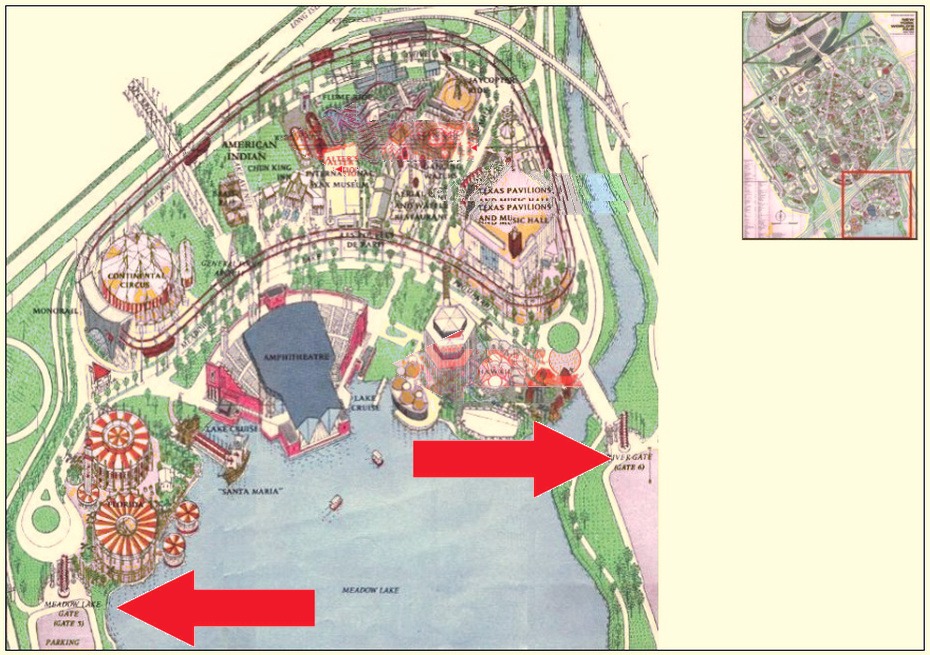Entrance Towers location on the Amusement Area of the 1964 Official Souvenir Map, with a red arrow pointing to an Entrance Tower