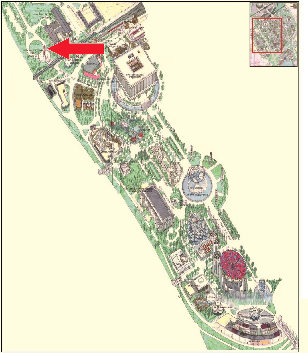 Entrance Towers location on the Federal and State Area of the 1964 Official Souvenir Map, with a red arrow pointing to an Entrance Tower