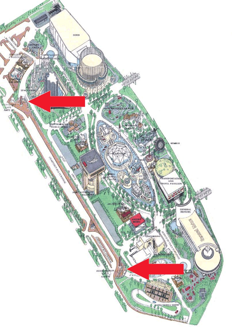 Entrance Towers locations on the Transportation Area of the 1964 Official Souvenir Map, with red arrows pointing to Entrance Towers