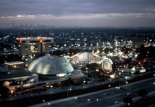 Nighttime view of the Transportation & Travel Pavilion