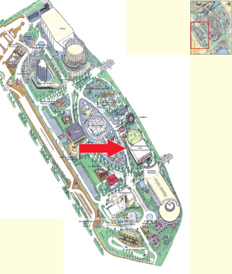 Transportation & Travel Pavilion location on the Transportation Area of the 1964 Official Souvenir Map, with a red arrow pointing to the pavilion