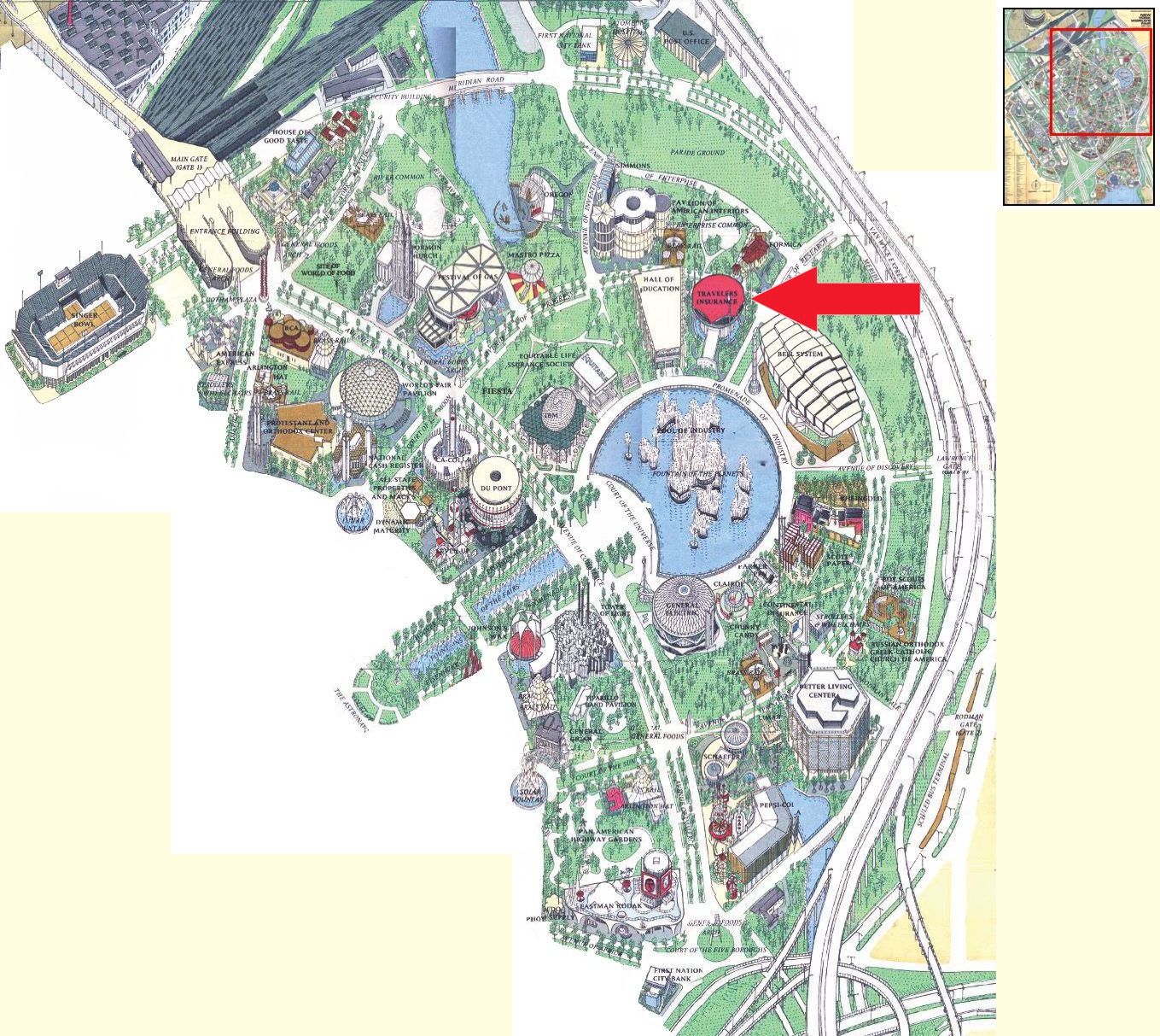 Travelers Insurance Pavilion location on the Industrial Area of the 1964 Official Souvenir Map, with a red arrow pointing to the pavilion