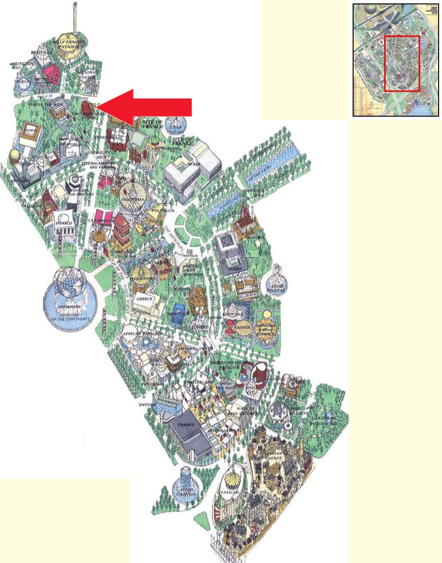 Two Thousand Tribes pavilion location on the International Area of the 1964 Official Souvenir Map, with a red arrow pointing to the pavilion