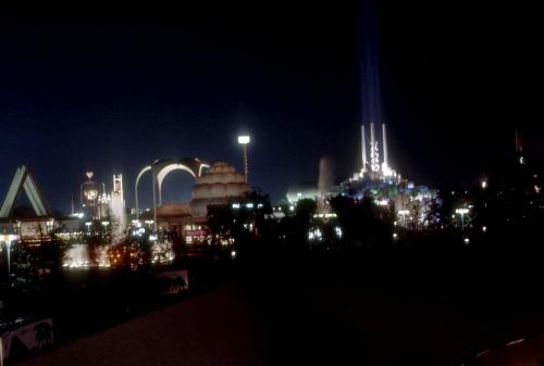 Distant view of the Tower of Light - Note the visible shaft of light coming from the Xenon Searchlights at the center of the Tower © Copyright Bill Cotter Collection