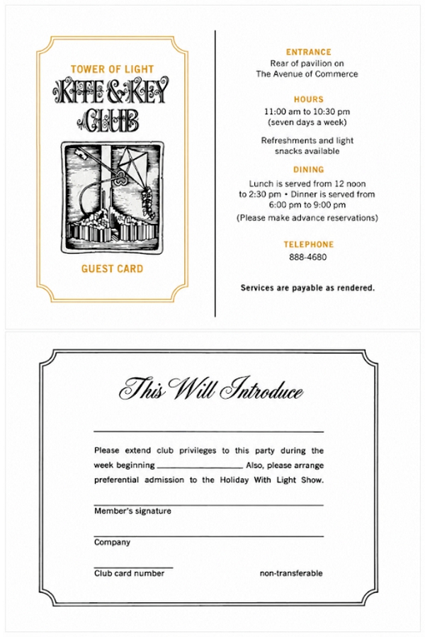 Kite & Key Club guest card — Tower of Light