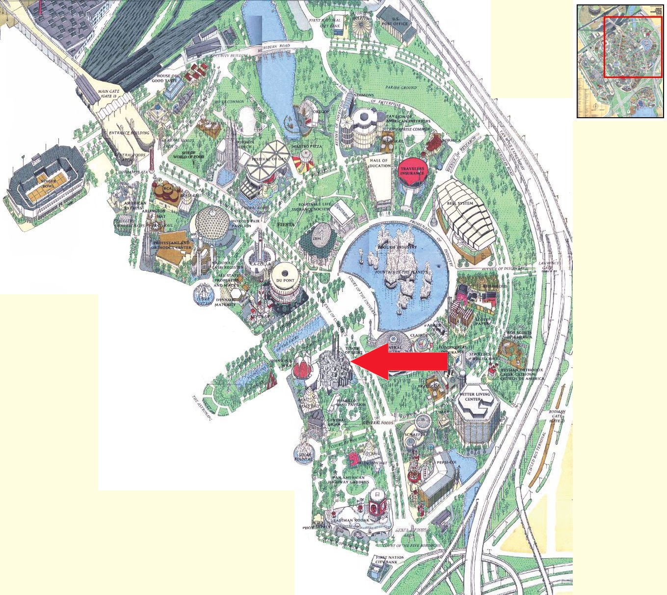 Tower of Light location on the 1964 Official Souvenir Map, with a red arrow pointing to the pavilion