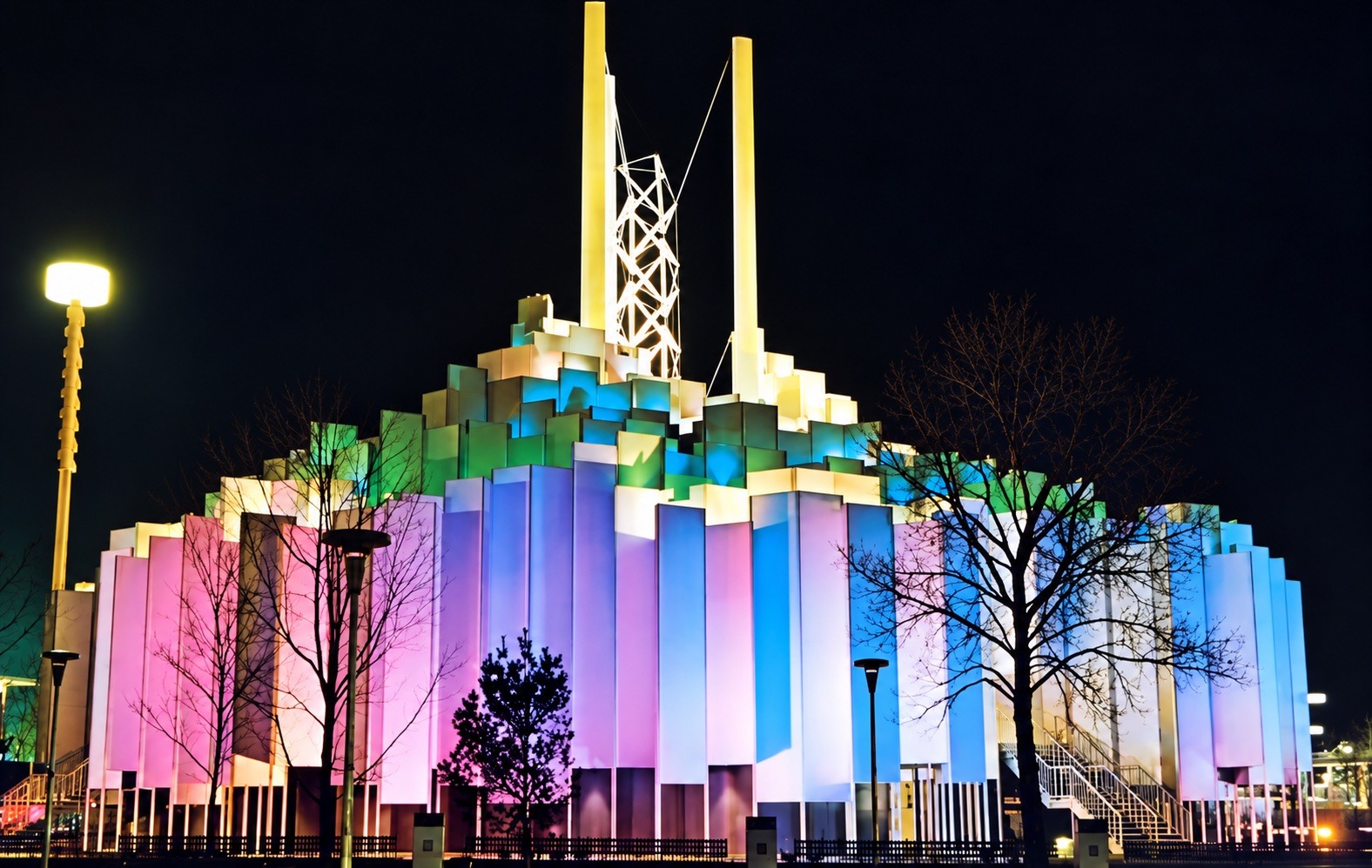 Tower of Light Pavilion illuminated at night