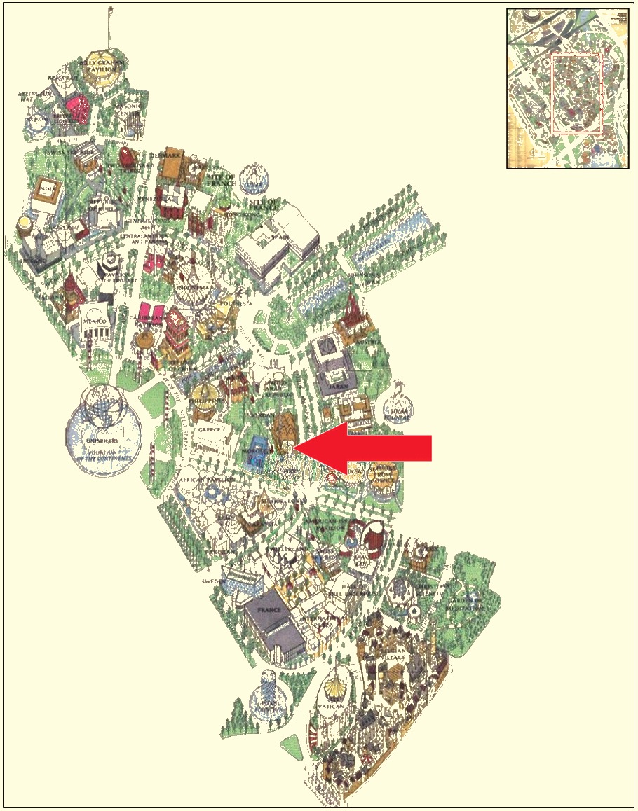 United Arab Republic pavilion location on the International Area of the 1964 Official Souvenir Map, with a red arrow pointing to the United Arab Republic