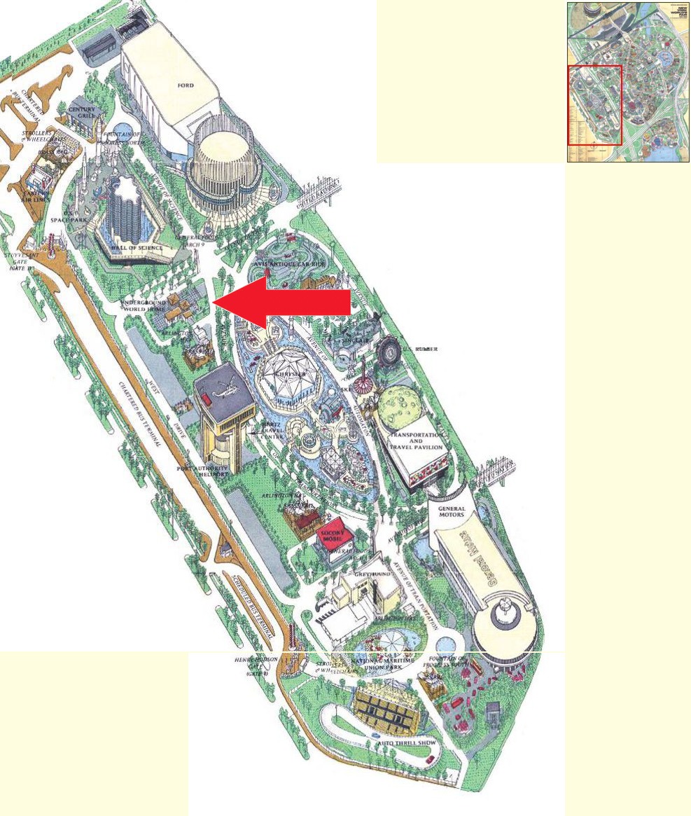 Underground World Home location on the Transportation Area of the 1964 Official Souvenir Map, with a red arrow pointing to Underground World Home