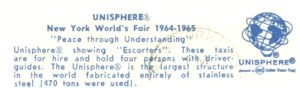 Reverse of Unisphere w/"Escorters" postcard No. 87187-B