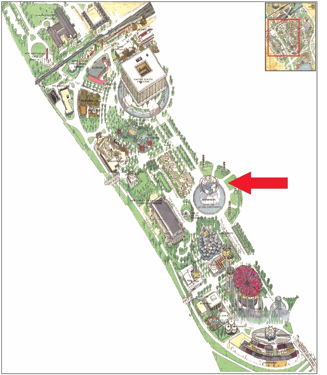 Unisphere location on the Federal and State Area of the 1964 Official Souvenir Map, with a red arrow pointing to the Unisphere
