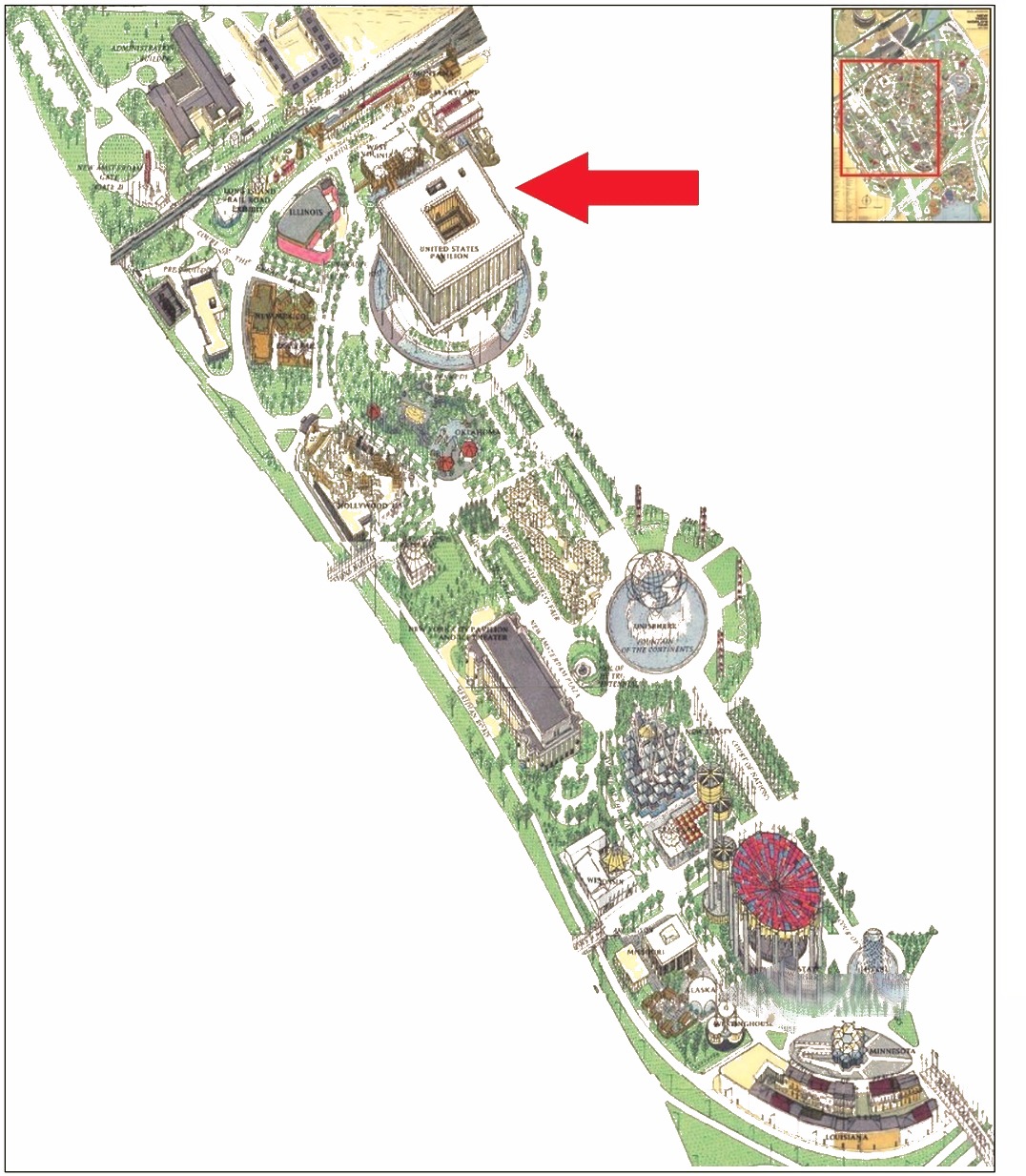 United States Pavilion location on the Federal and State Area of the 1964 Official Souvenir Map, with a red arrow pointing to the United States Pavilion