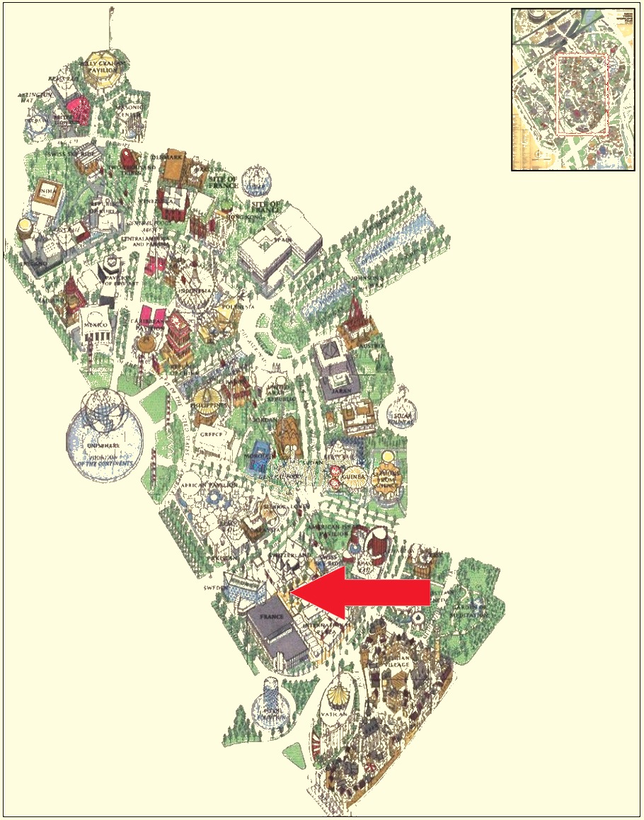 United Nations exhibit location on the International Area of the 1964 Official Souvenir Map, with a red arrow pointing to the United Nations