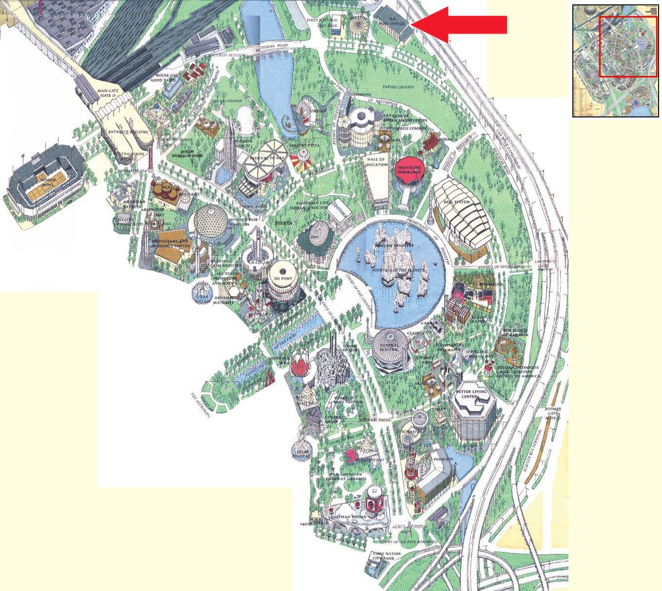 U.S. Post Office location on the Industrial Area of the 1964 Official Souvenir Map, with a red arrow pointing to the pavilion