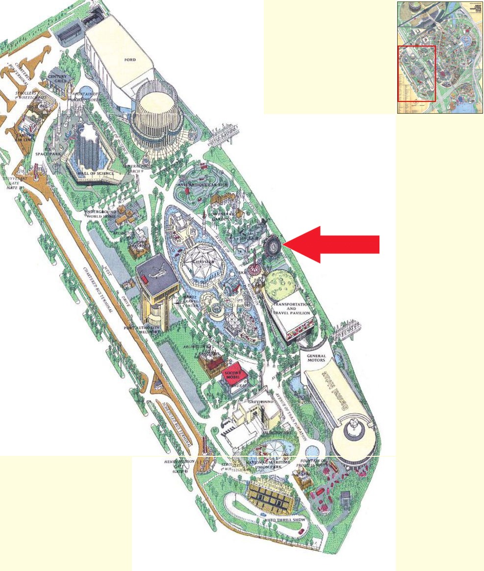 U.S. Rubber location on the Transportation Area of the 1964 Official Souvenir Map, with a red arrow pointing to the U.S. Rubber giant tire